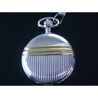 Pocket Watch with DATE Stripe Silver Chrome Case Classic White Dial
