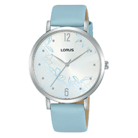 Ladies Silver Watch 36mm White Sunray Dial Decorative Floral Patten Light Blue Band