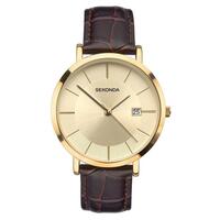 Mens Gold Watch Brown Leather Band 