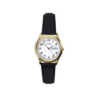 Ladies Gold Watch Black Leather Band Date WR30m